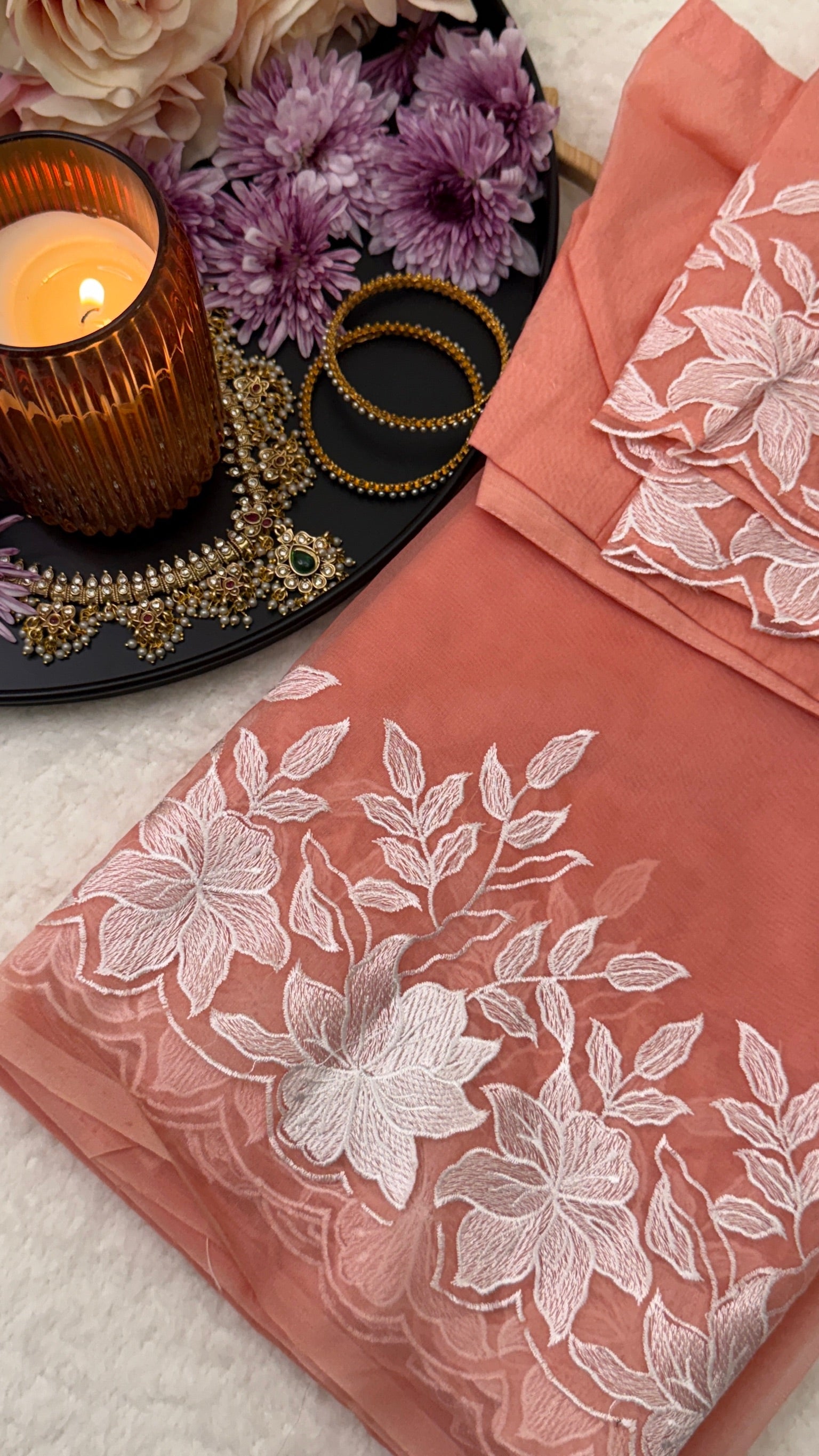 Premium Floral Organza Saree With Stitched Blouse